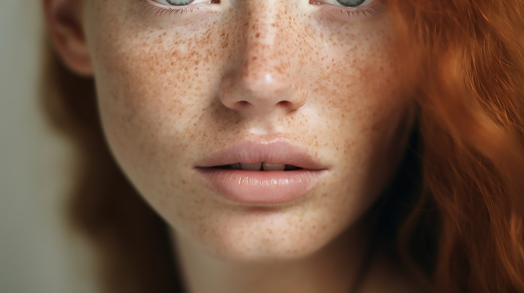 Young beautiful freckles woman face with healthy skin and with ginger hair, skin care products template